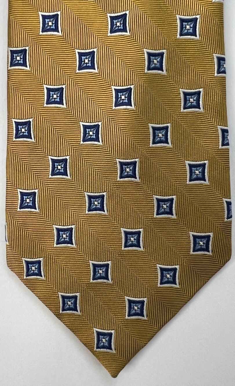 Jos A Bank 100% Silk Tie Gold Blue Geometric Herringbone Classic